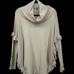 Joseph A Size Medium Sweater Beige Cowl Neck Ruffle Ribbed Buttons Poncho Style